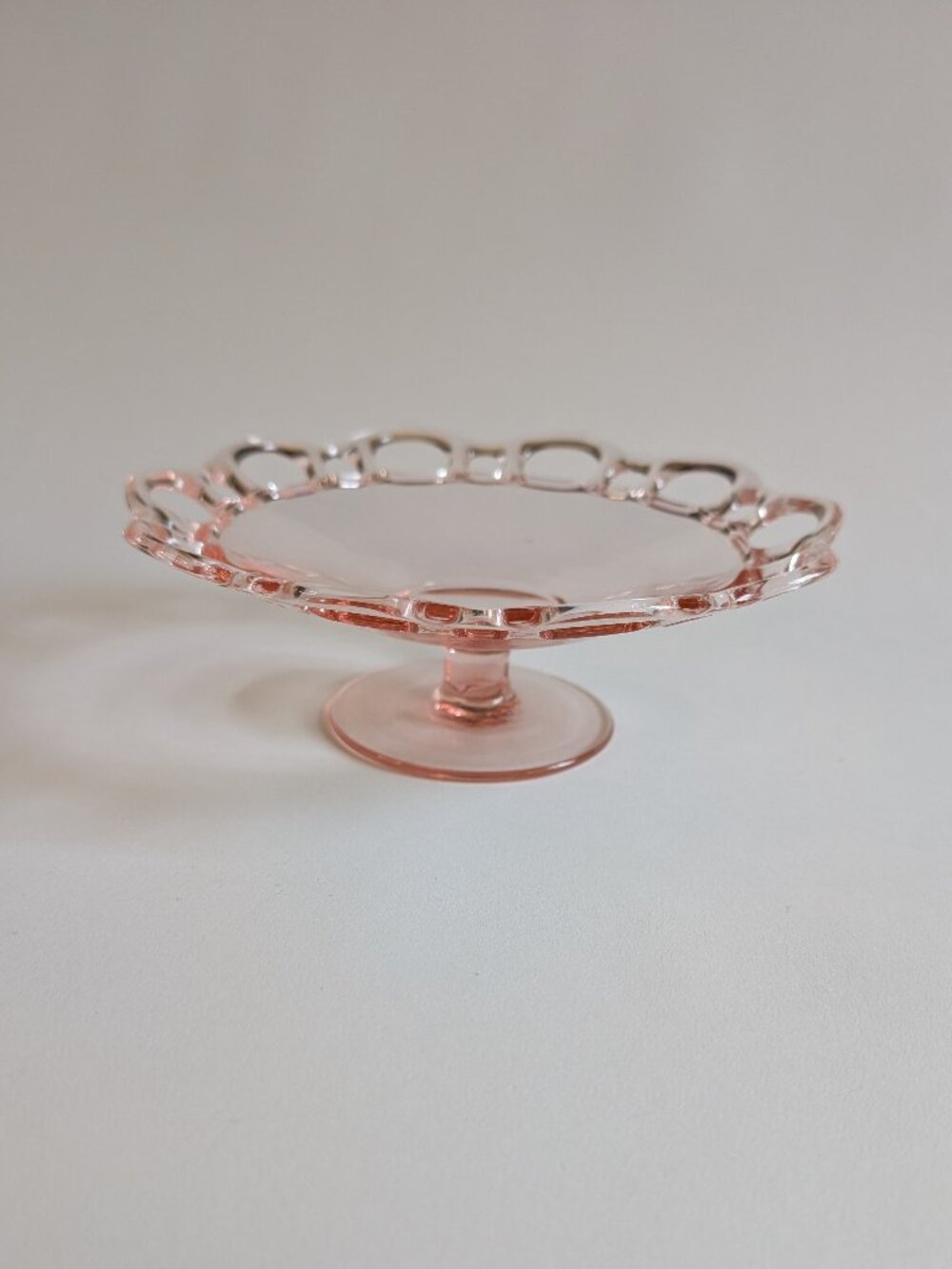 Vtg Anchor Hocking Glass Old Colony Lace Edge Pink Footed Curved Dish 8"